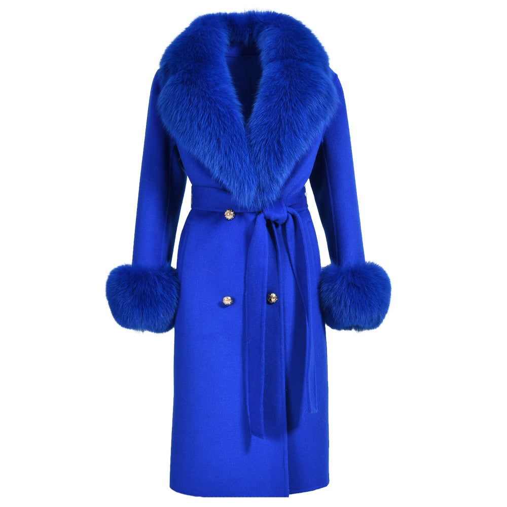 Women's Navy Blue Winter Wool Real Fur Collar Cuffs Double Faced Jacket