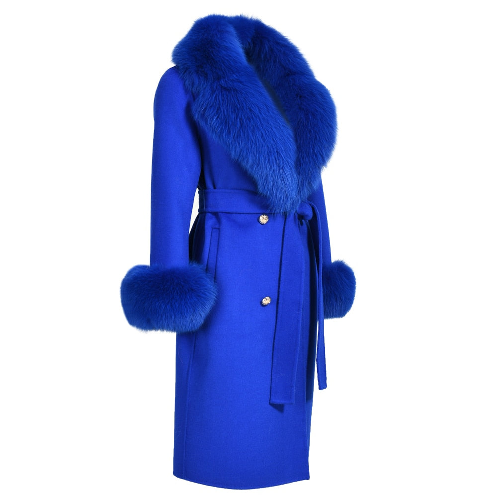 Women's Navy Blue Winter Wool Real Fur Collar Cuffs Double Faced Jacket