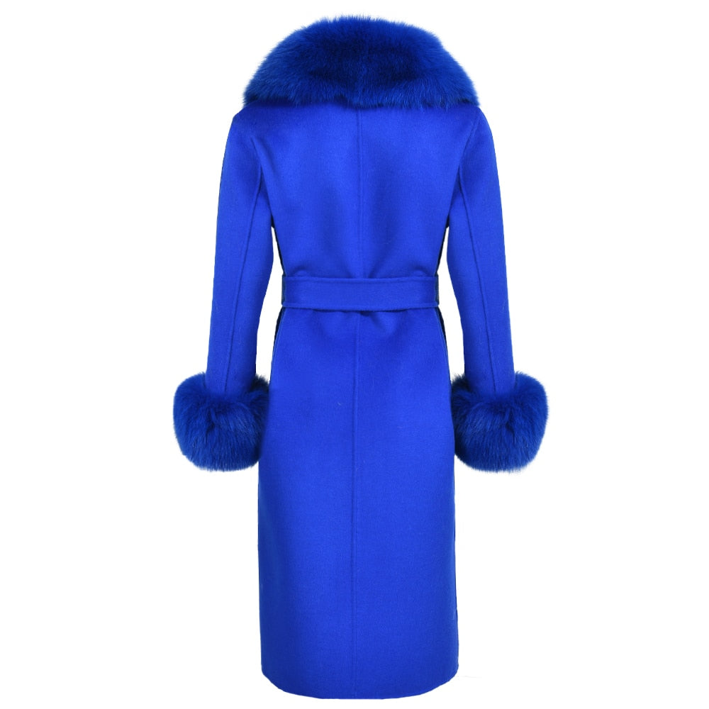 Women's Navy Blue Winter Wool Real Fur Collar Cuffs Double Faced Jacket