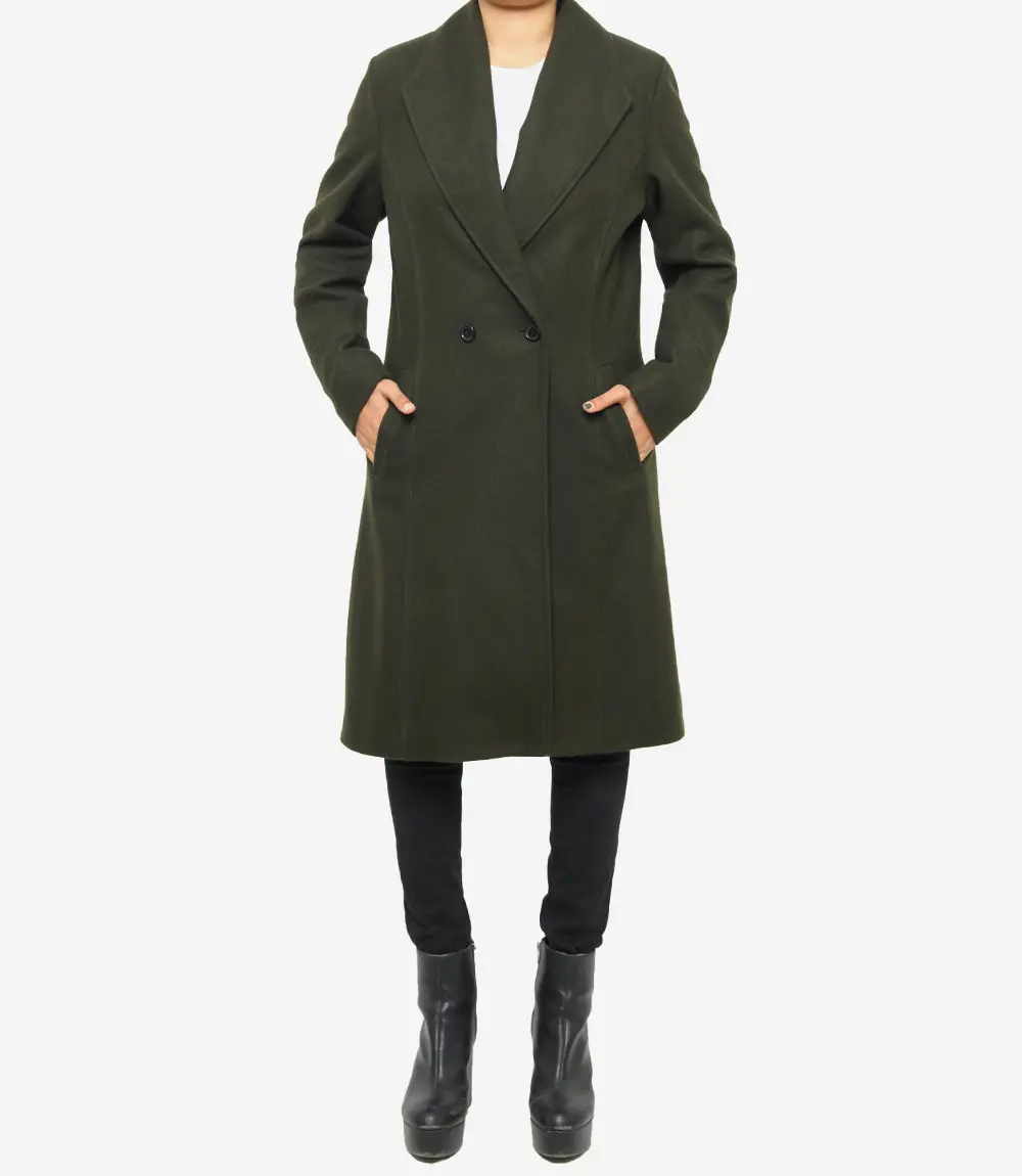 Womens Olive Green Double Breasted Wool Coat