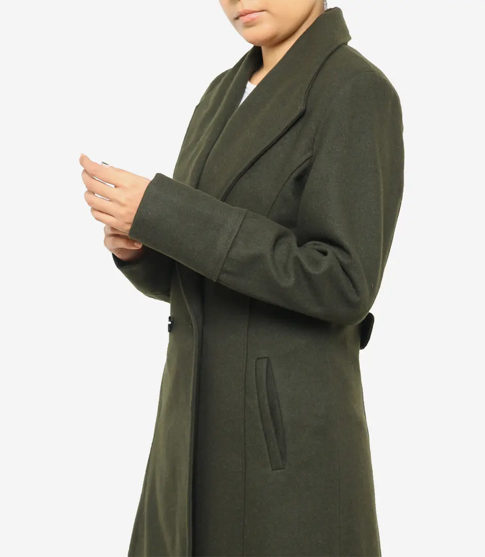 Womens Olive Green Double Breasted Wool Coat