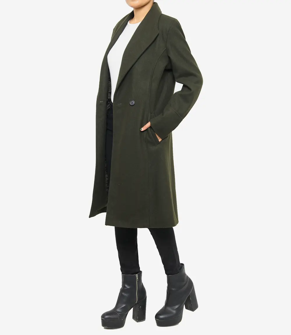 Womens Olive Green Double Breasted Wool Coat