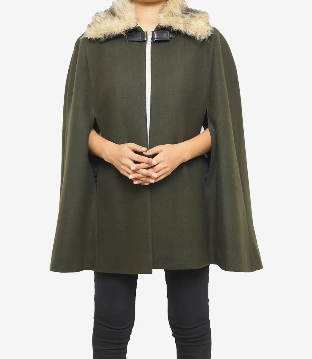 Women’s Olive Green Wool Cape Coat with Fur Collar