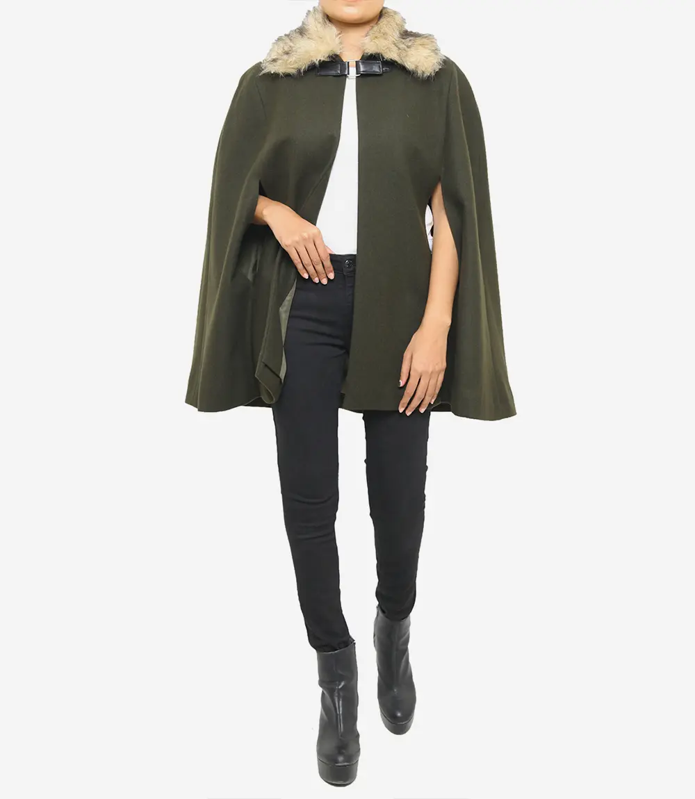 Women’s Olive Green Wool Cape Coat with Fur Collar