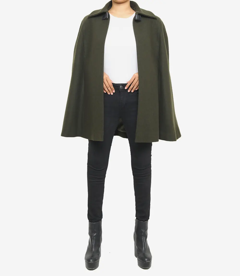 Women’s Olive Green Wool Cape Coat with Fur Collar