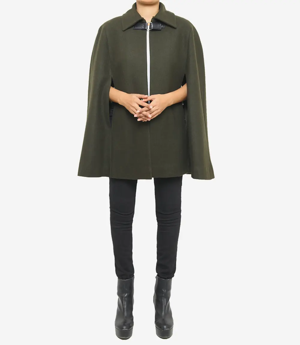 Women’s Olive Green Wool Cape Coat with Fur Collar