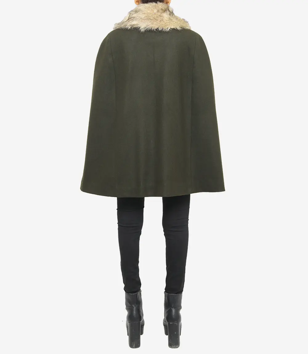 Women’s Olive Green Wool Cape Coat with Fur Collar