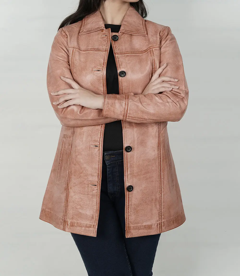 Womens Pink Congac Waxed Button Down Leather Coat