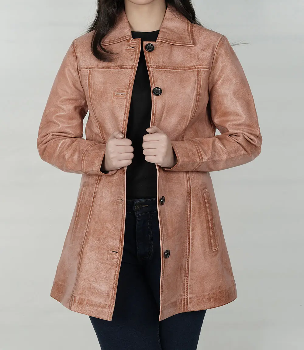 Womens Pink Congac Waxed Button Down Leather Coat