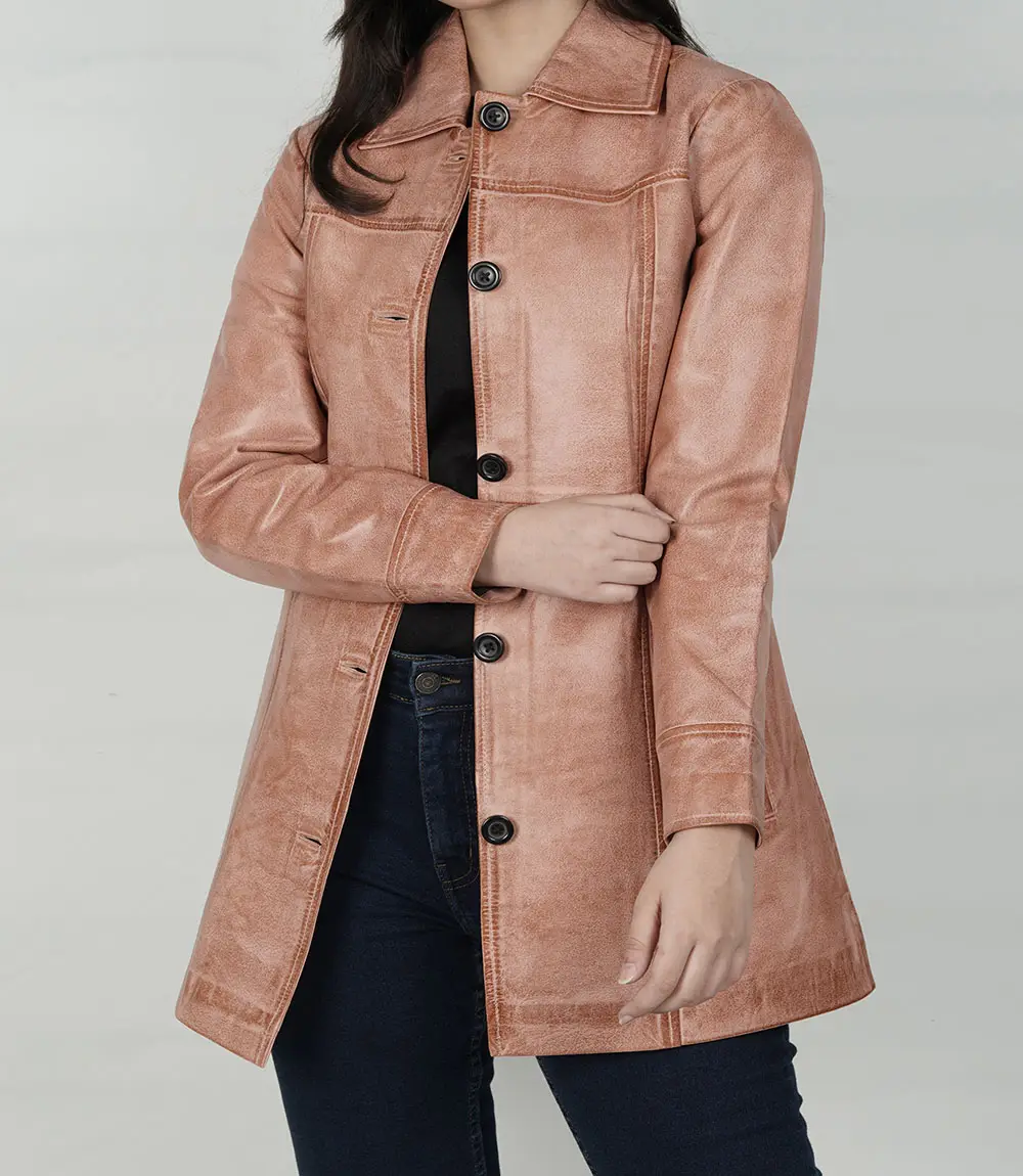 Womens Pink Congac Waxed Button Down Leather Coat