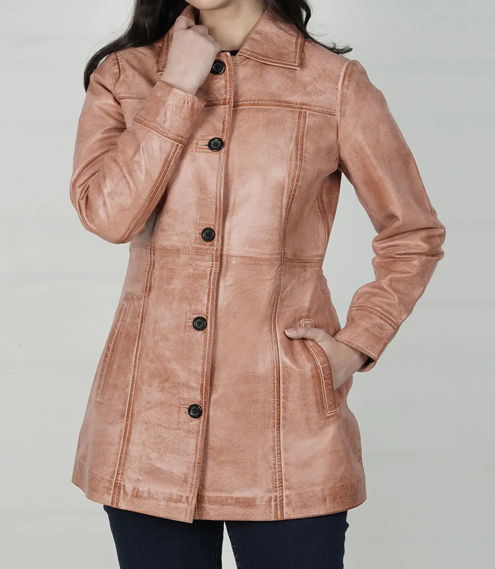 Womens Pink Congac Waxed Button Down Leather Coat