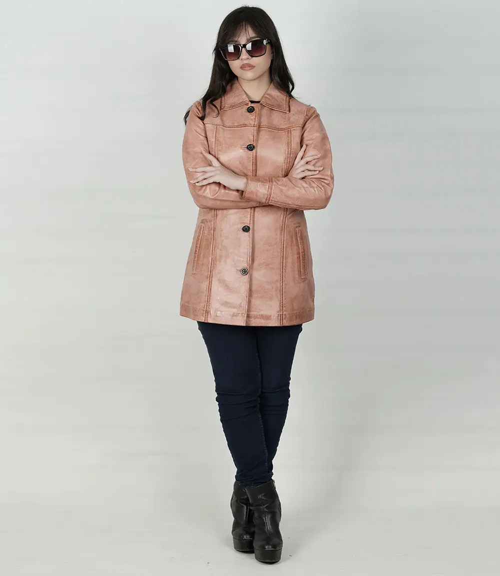 Womens Pink Congac Waxed Button Down Leather Coat