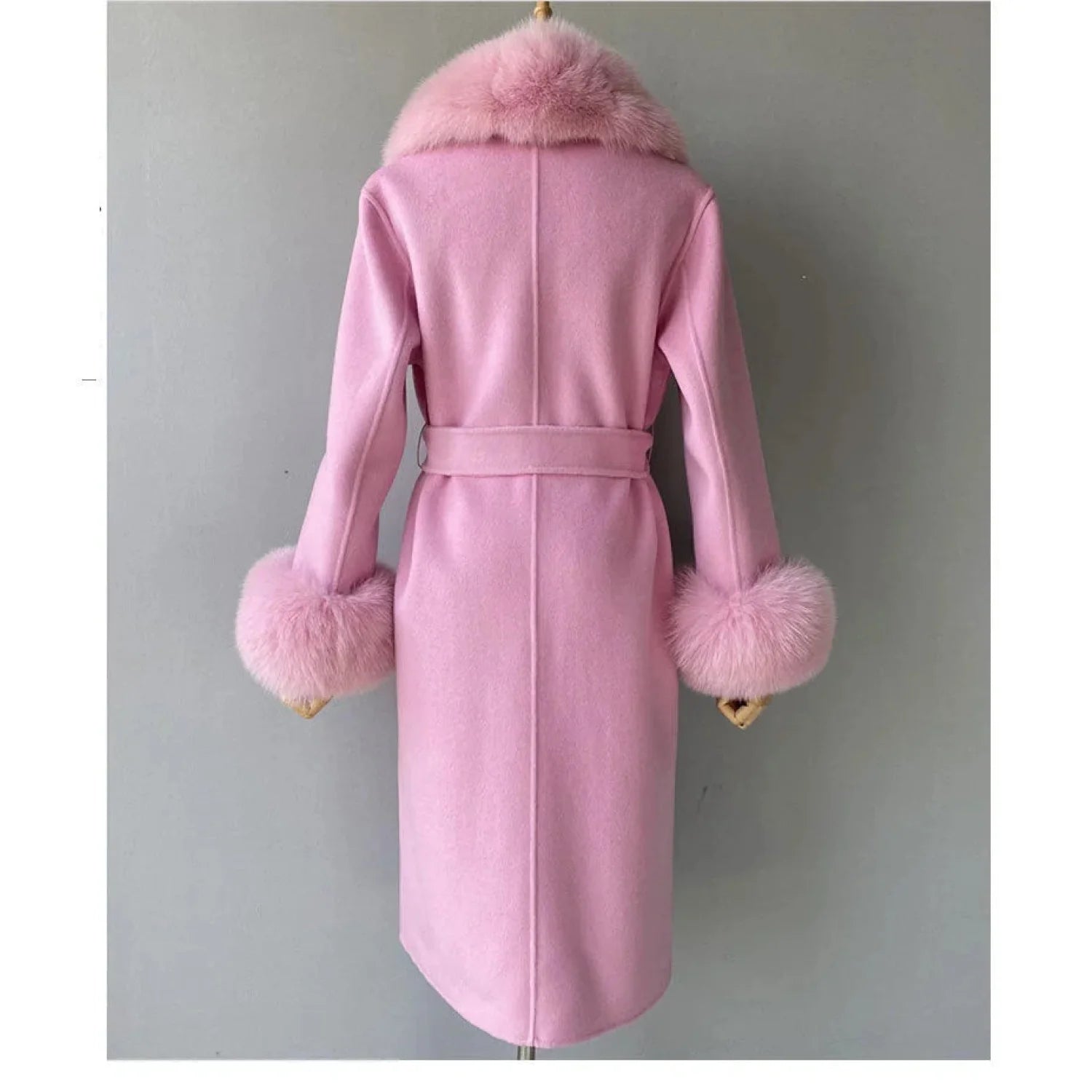 Women's Pink Wool Real Fur Collar Cuffs Double-Faced Winter Long Jacket