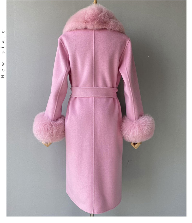 Women's Pink Wool Real Fur Collar Cuffs Double-Faced Winter Long Jacket