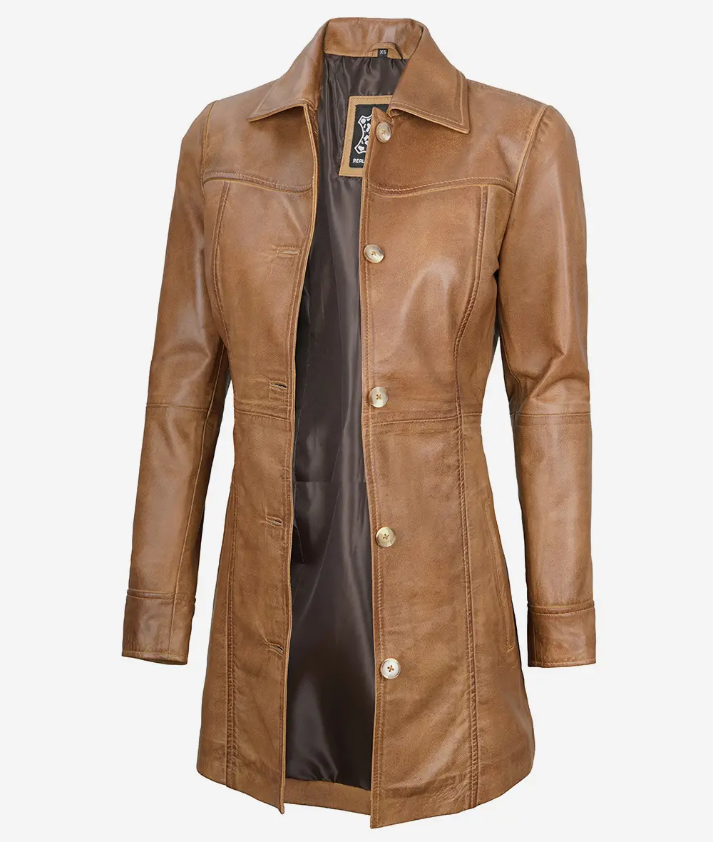 Womens Real Leather Camel Brown Coat