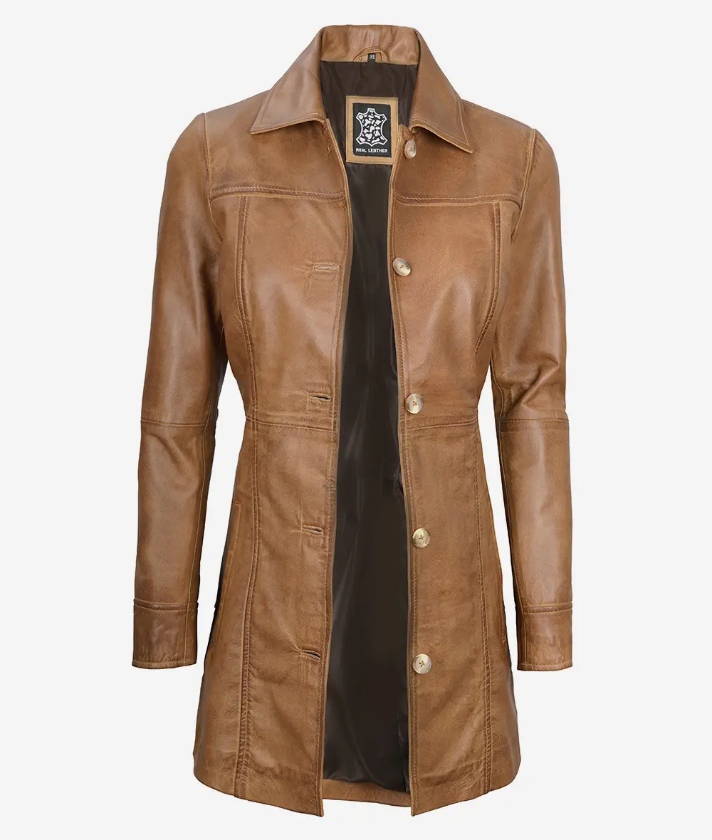 Womens Real Leather Camel Brown Coat