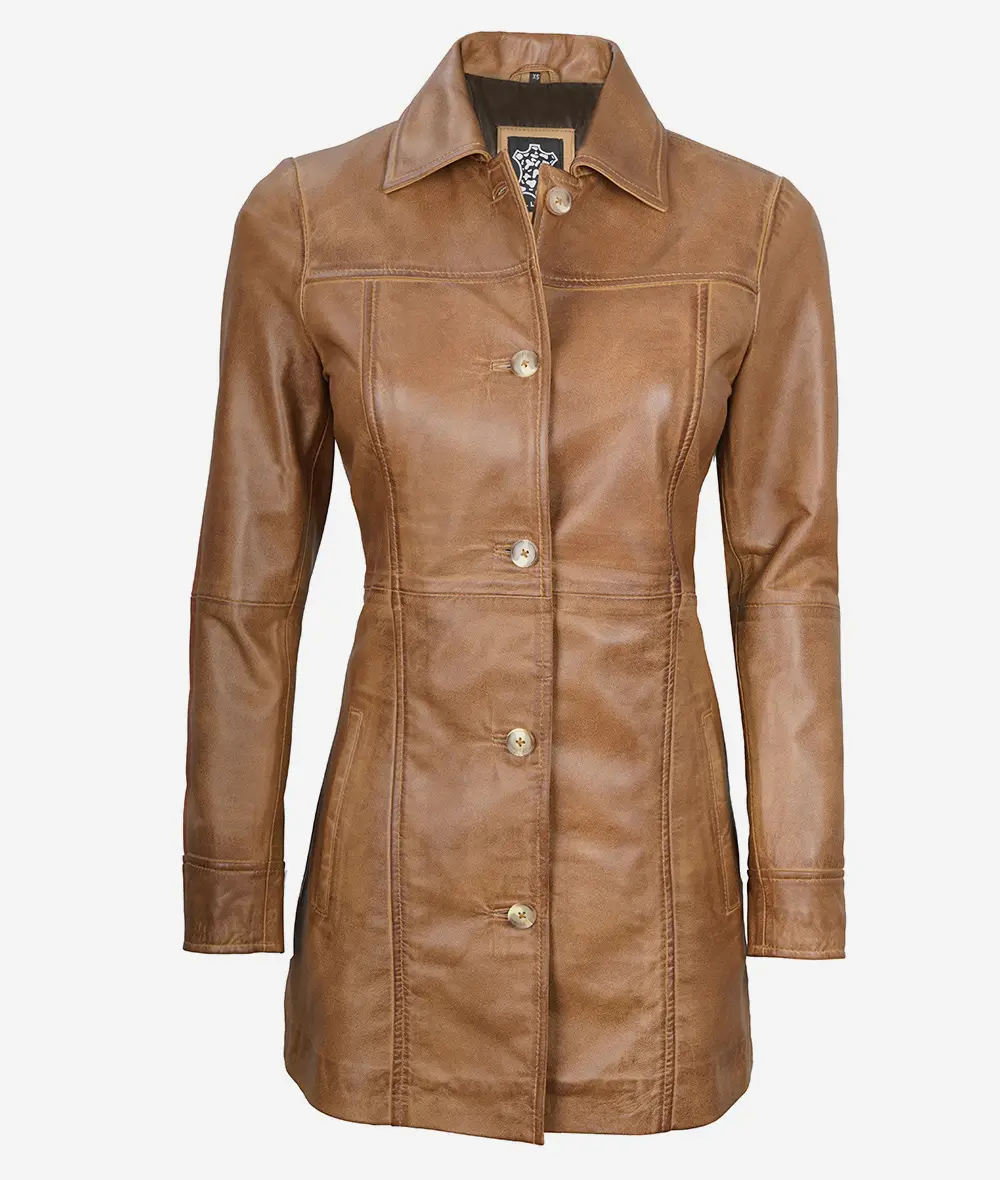 Womens Real Leather Camel Brown Coat