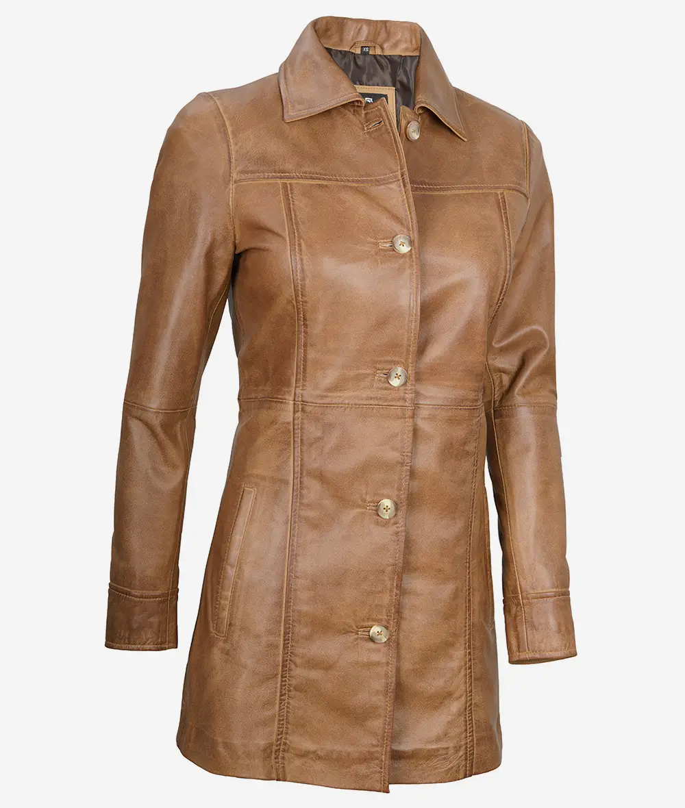 Womens Real Leather Camel Brown Coat