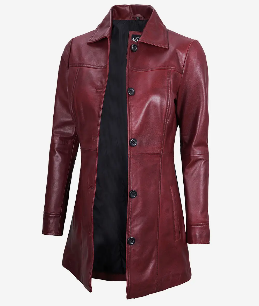 Womens Real Leather Maroon Coat