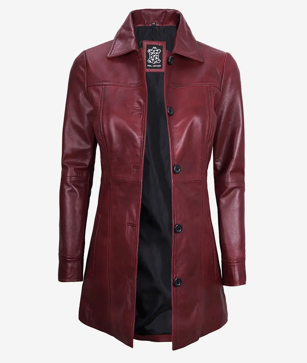 Womens Real Leather Maroon Coat