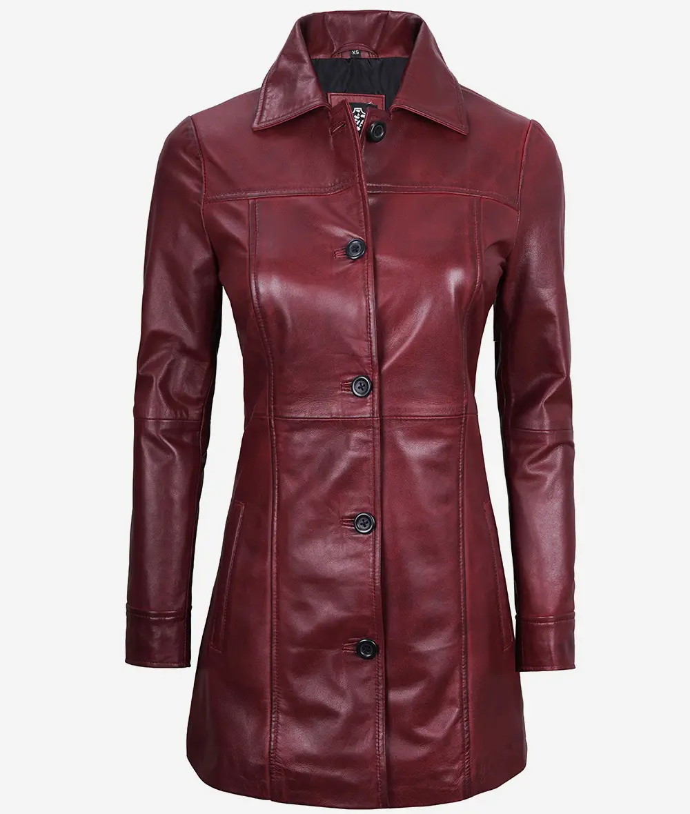 Womens Real Leather Maroon Coat