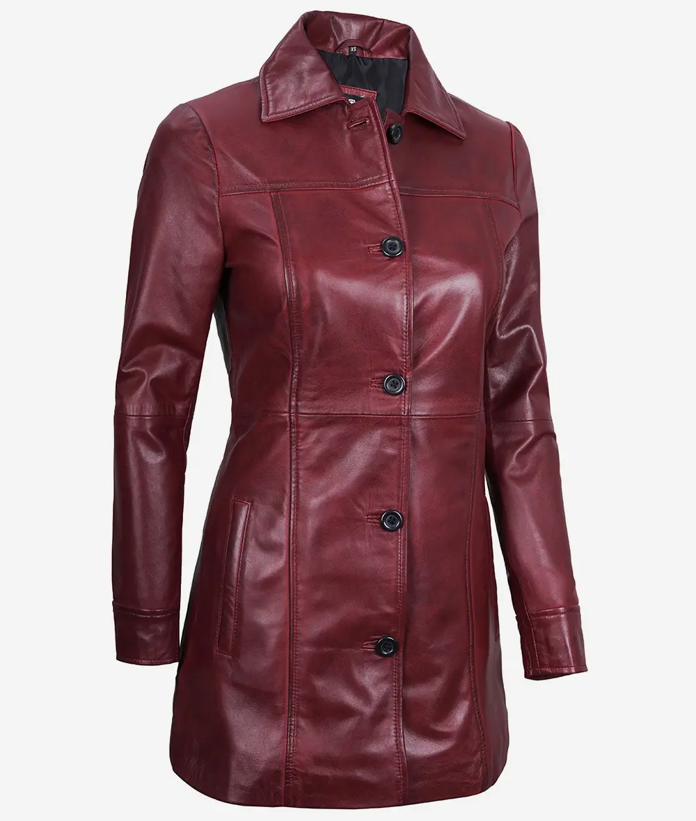 Womens Real Leather Maroon Coat