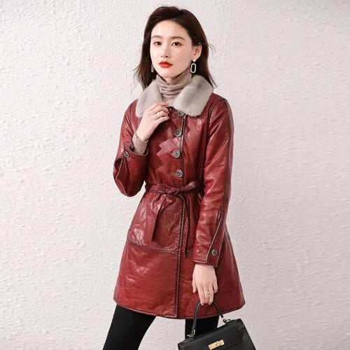 Women's Real Sheepskin Leather Mink Fur Collar Winter Medium Long Coat