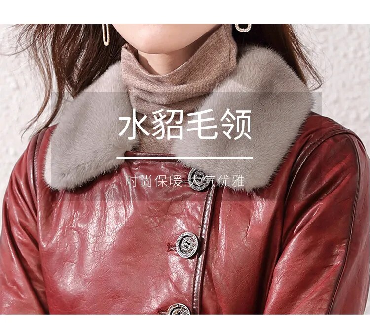 Women's Real Sheepskin Leather Mink Fur Collar Winter Medium Long Coat