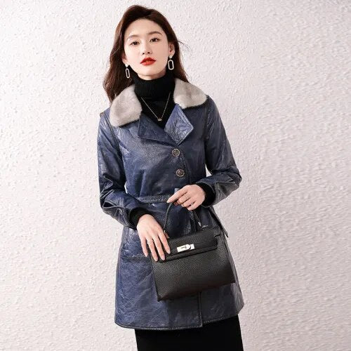 Women's Real Sheepskin Leather Mink Fur Collar Winter Medium Long Coat