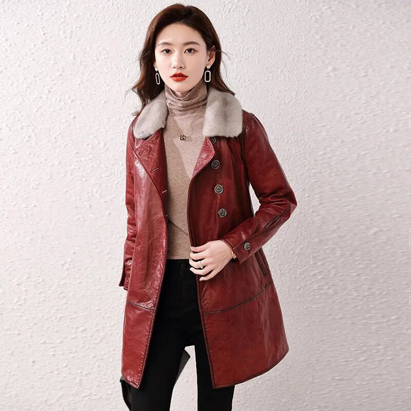 Women's Real Sheepskin Leather Mink Fur Collar Winter Medium Long Coat