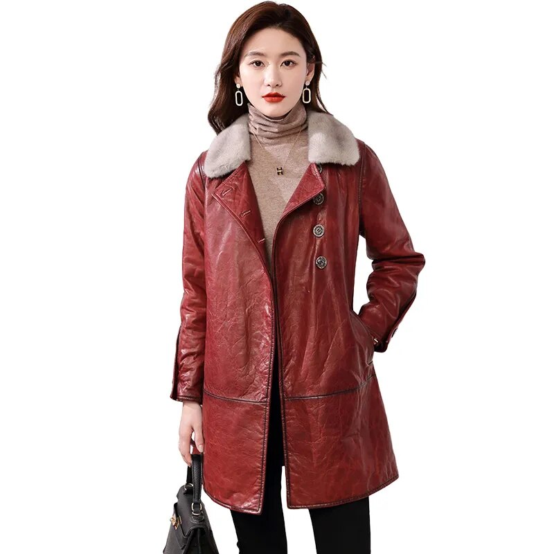 Women's Real Sheepskin Leather Mink Fur Collar Winter Medium Long Coat