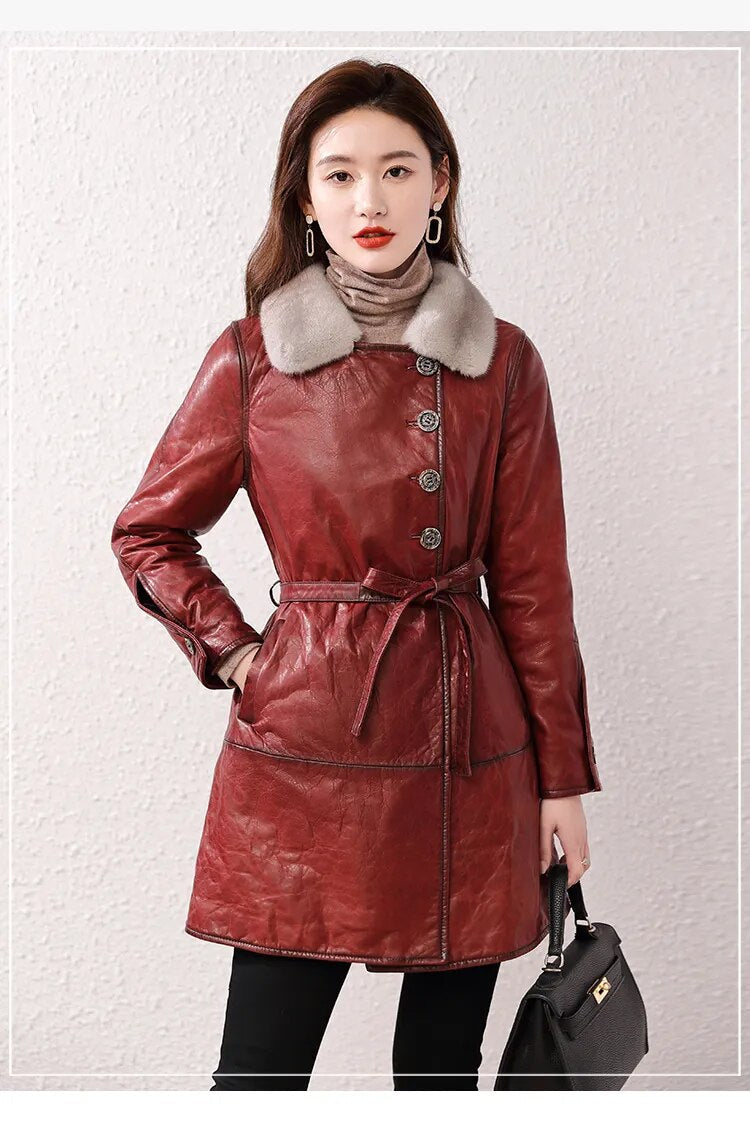 Women's Real Sheepskin Leather Mink Fur Collar Winter Medium Long Coat