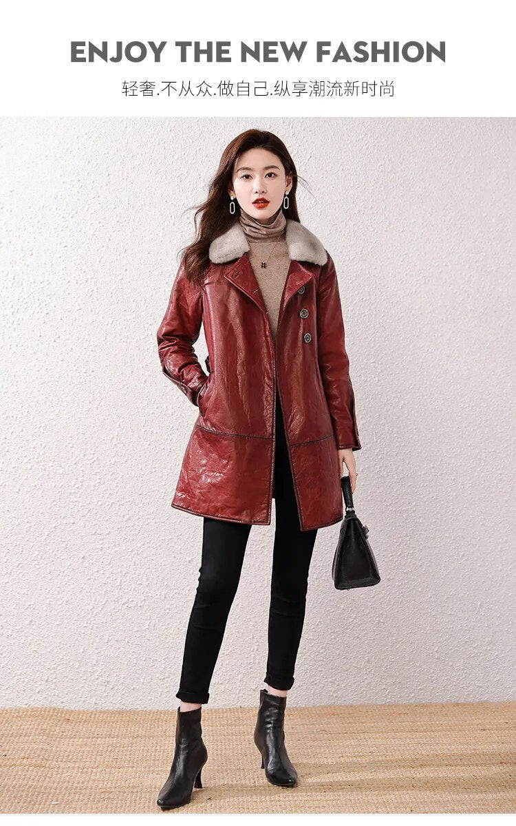 Women's Real Sheepskin Leather Mink Fur Collar Winter Medium Long Coat