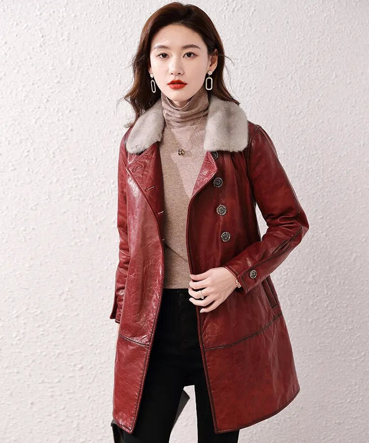 Women's Real Sheepskin Leather Mink Fur Collar Winter Medium Long Coat