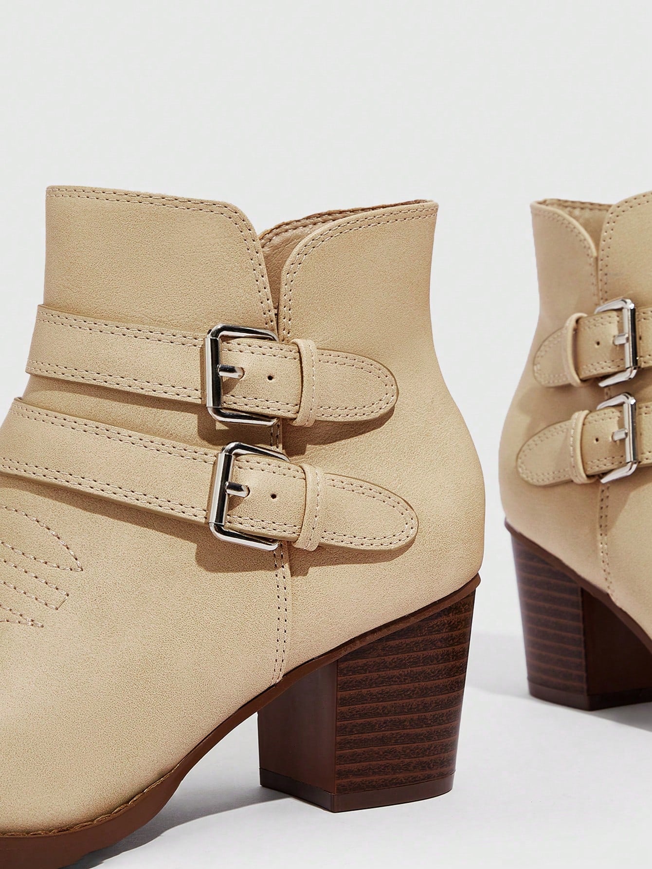 Women's Shoes Buckle Decor Outdoor Chunky Heeled Fashion Beige Western Boots