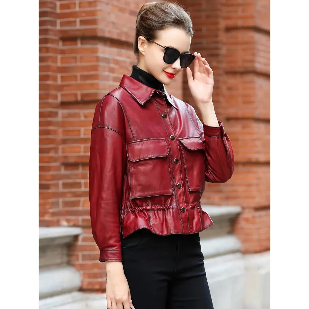 Women's Spring Fashion Sheepskin Leather Streetwear Short Jackets