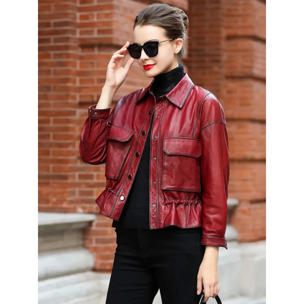 Women's Spring Fashion Sheepskin Leather Streetwear Short Jackets