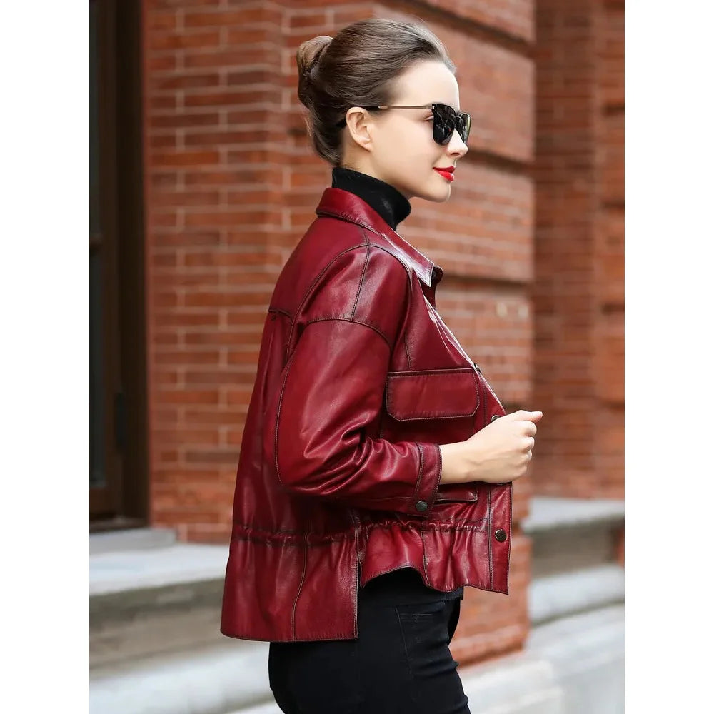 Women's Spring Fashion Sheepskin Leather Streetwear Short Jackets