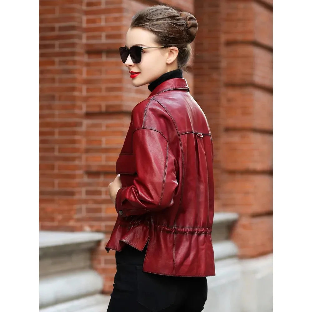 Women's Spring Fashion Sheepskin Leather Streetwear Short Jackets