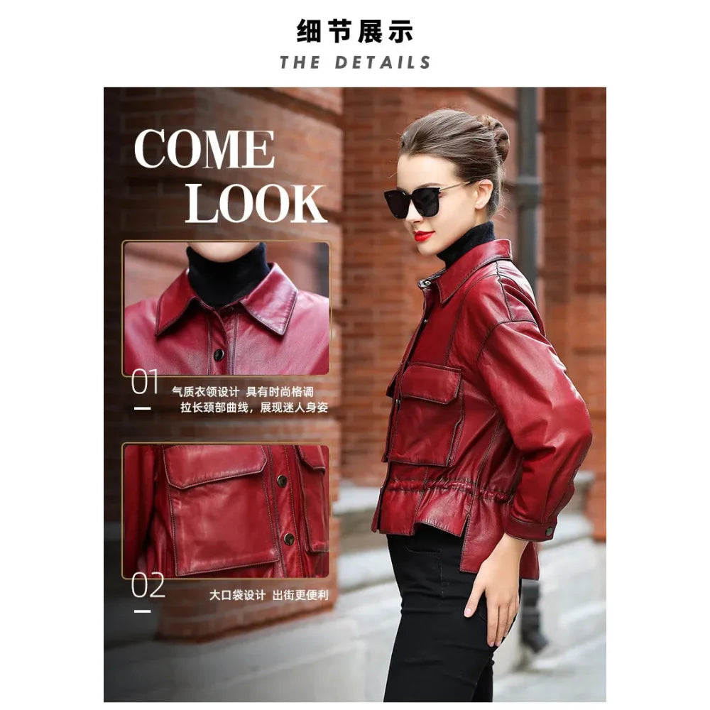 Women's Spring Fashion Sheepskin Leather Streetwear Short Jackets