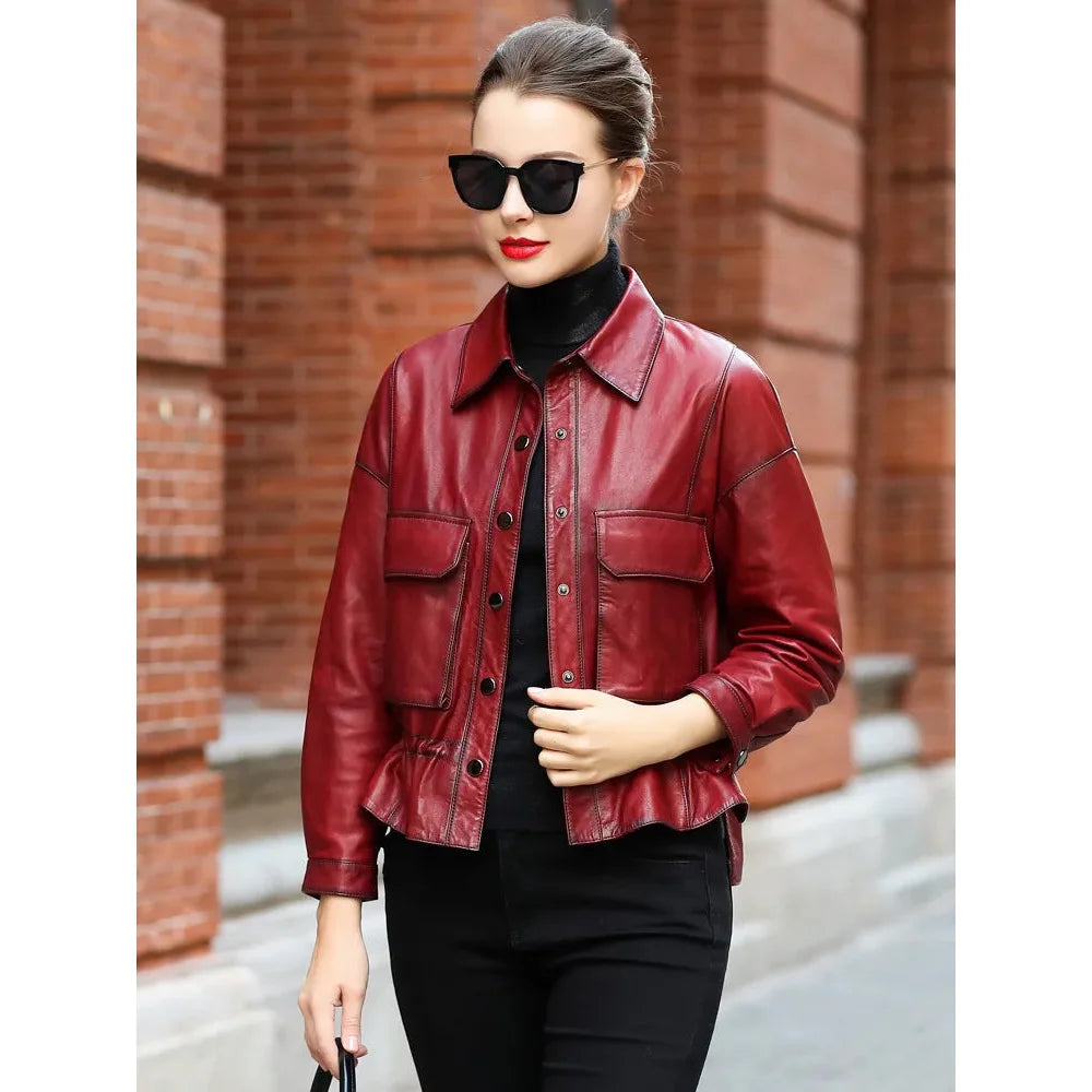 Women's Spring Fashion Sheepskin Leather Streetwear Short Jackets