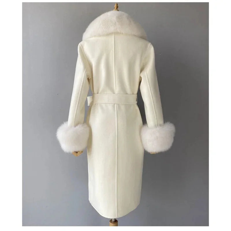 Women's White Winter Wool Real Fox Fur Collar Cuffs Double Faced Jacket