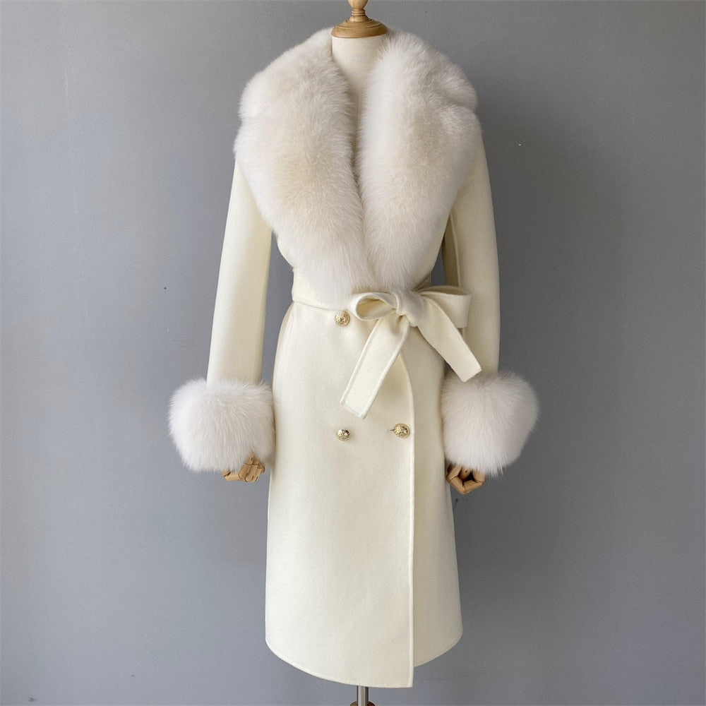 Women's White Winter Wool Real Fox Fur Collar Cuffs Double Faced Jacket