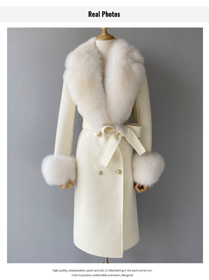 Women's White Winter Wool Real Fox Fur Collar Cuffs Double Faced Jacket