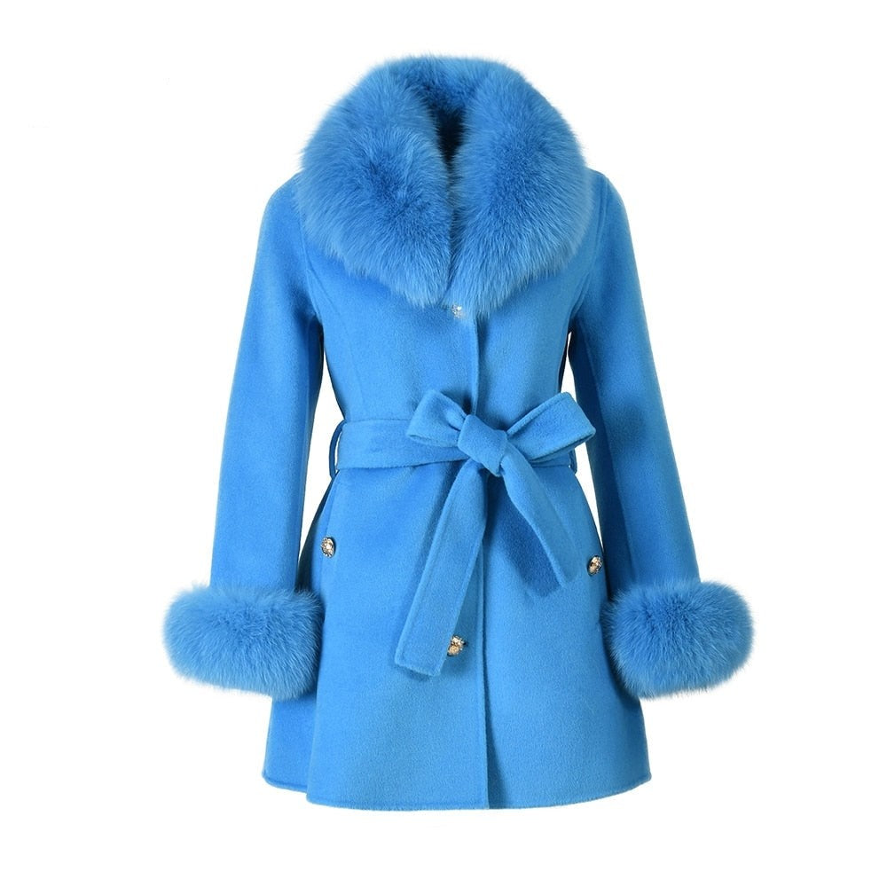 Women's Winter Cashmere Wool Natural Fox Fur Collar Cuffs Belt Slim Jacket