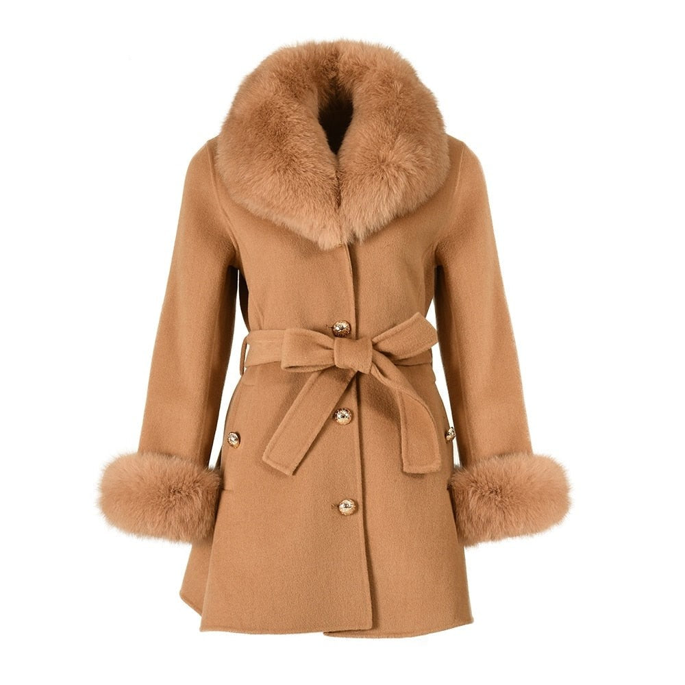 Women's Winter Cashmere Wool Natural Fox Fur Collar Cuffs Belt Slim Jacket