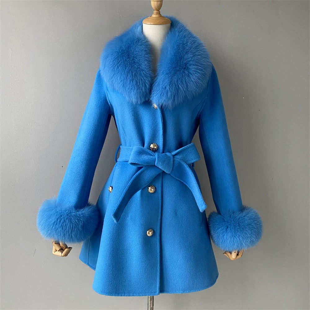 Women's Winter Cashmere Wool Natural Fox Fur Collar Cuffs Belt Slim Jacket