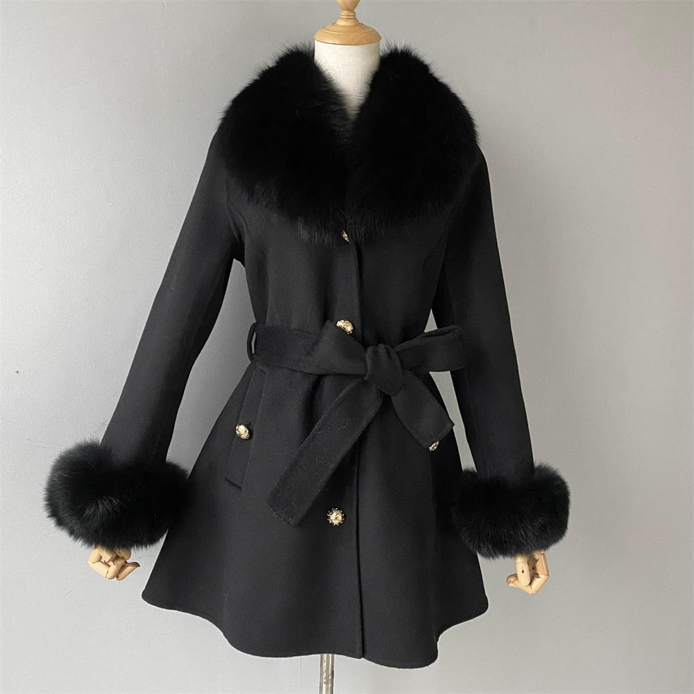 Women's Winter Cashmere Wool Natural Fox Fur Collar Cuffs Belt Slim Jacket