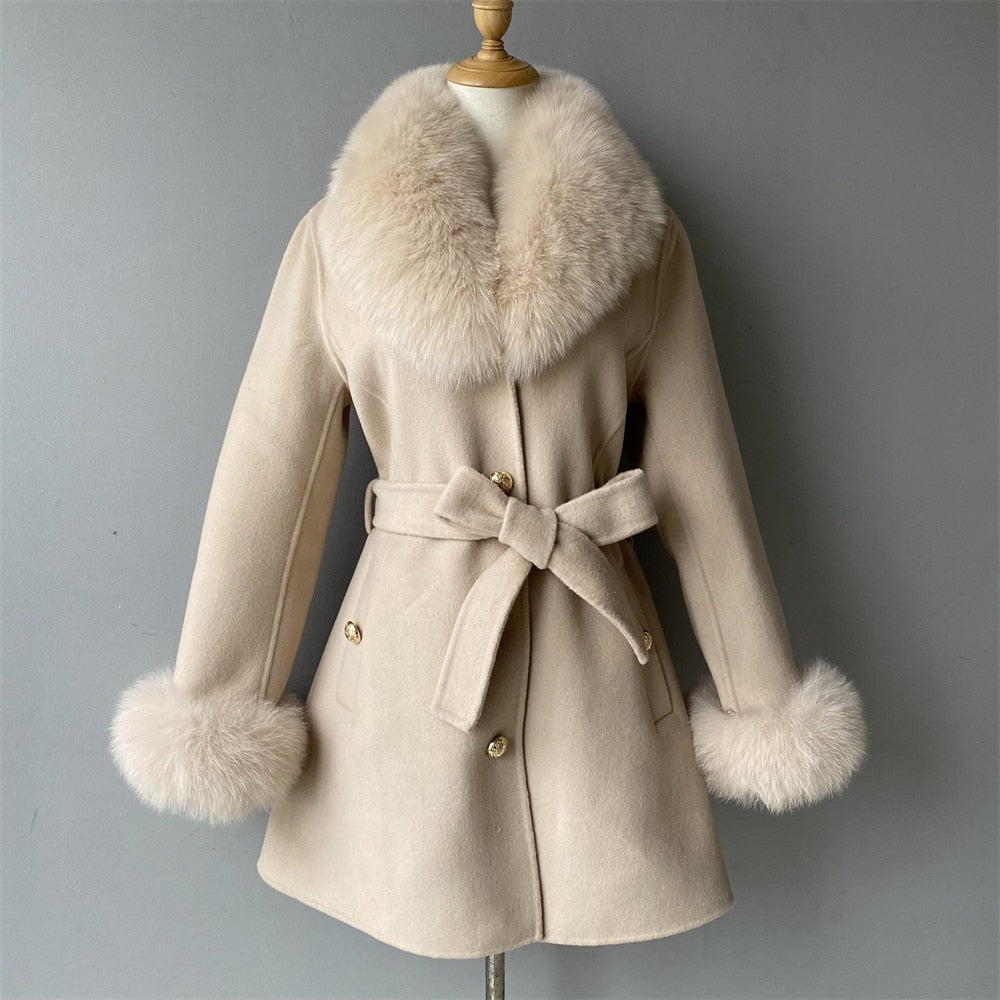 Women's Winter Cashmere Wool Natural Fox Fur Collar Cuffs Belt Slim Jacket