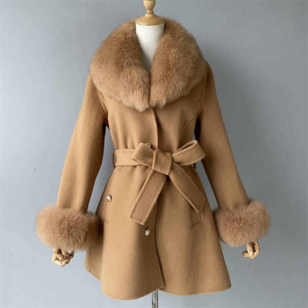 Women's Winter Cashmere Wool Natural Fox Fur Collar Cuffs Belt Slim Jacket